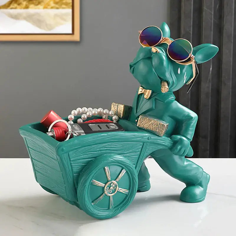 Teal resin decorbites dog statue storage box featuring stylish bulldog with sunglasses and bow tie for living room decor