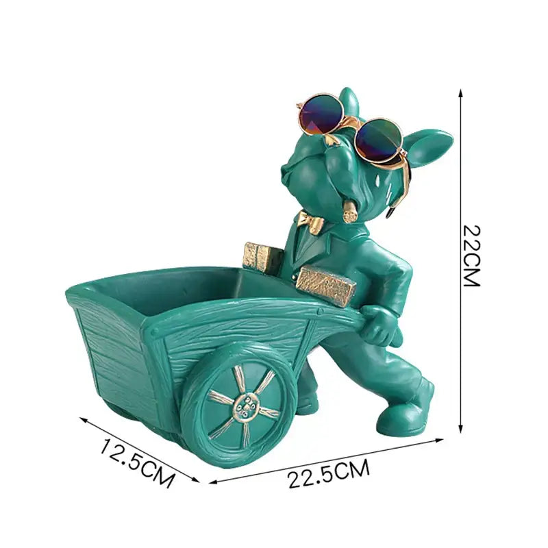 Teal glossy resin decorbites dog statue storage box of french bulldog in black suit with sunglasses and wheelbarrow decor