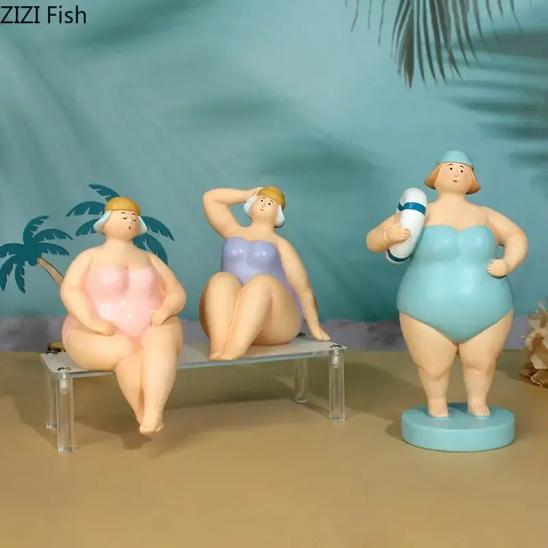 Three stylized resin sculpture plus size women in lavender and blue beach swimsuit desk ornament