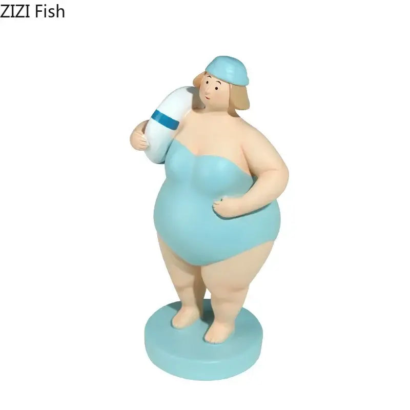 Stylized lavender and blue resin sculpture of a woman in a beach swimsuit holding a life preserver desk ornament