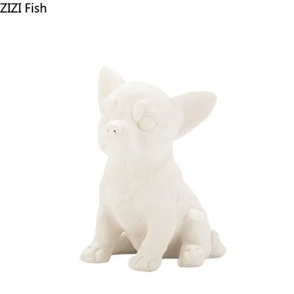 Stylized white matte ceramic sculpture of a miniature chihuahua figurine with pointed ears for living room decor