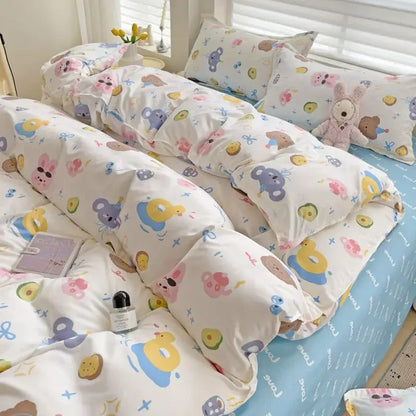 Decorbites 2024 summer bedding set twin queen featuring pastel cartoon animals and avocado prints on soft white fabric