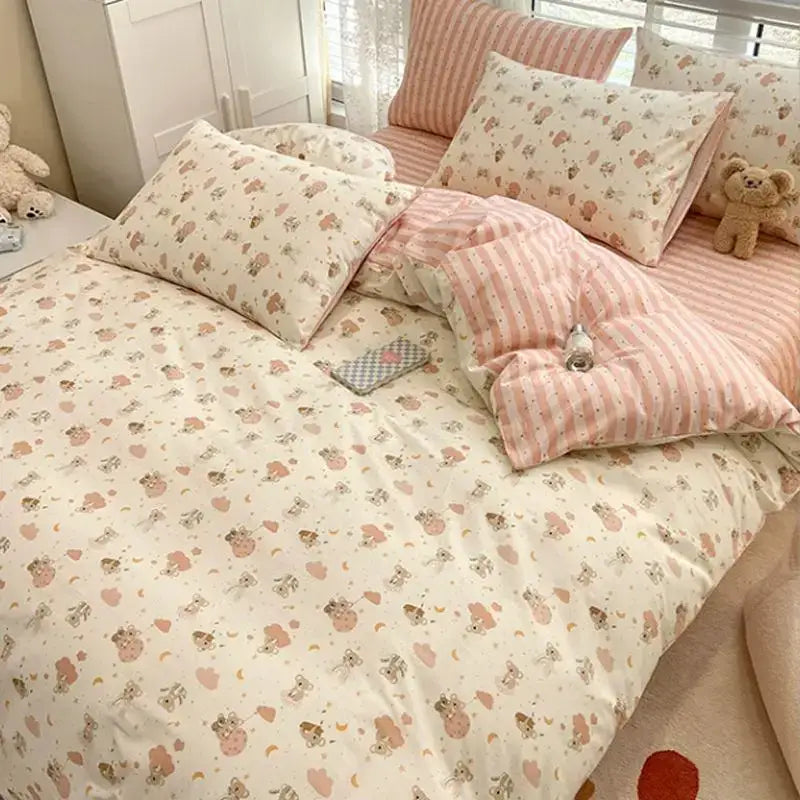 DecorBites™ 2024 summer bedding set twin queen pastel pink and cream bear themed soft cozy fabric summer bedding