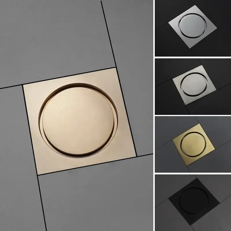 Sunburst brass square floor drain with circular center available in brushed gold polished chrome and matte black finishes