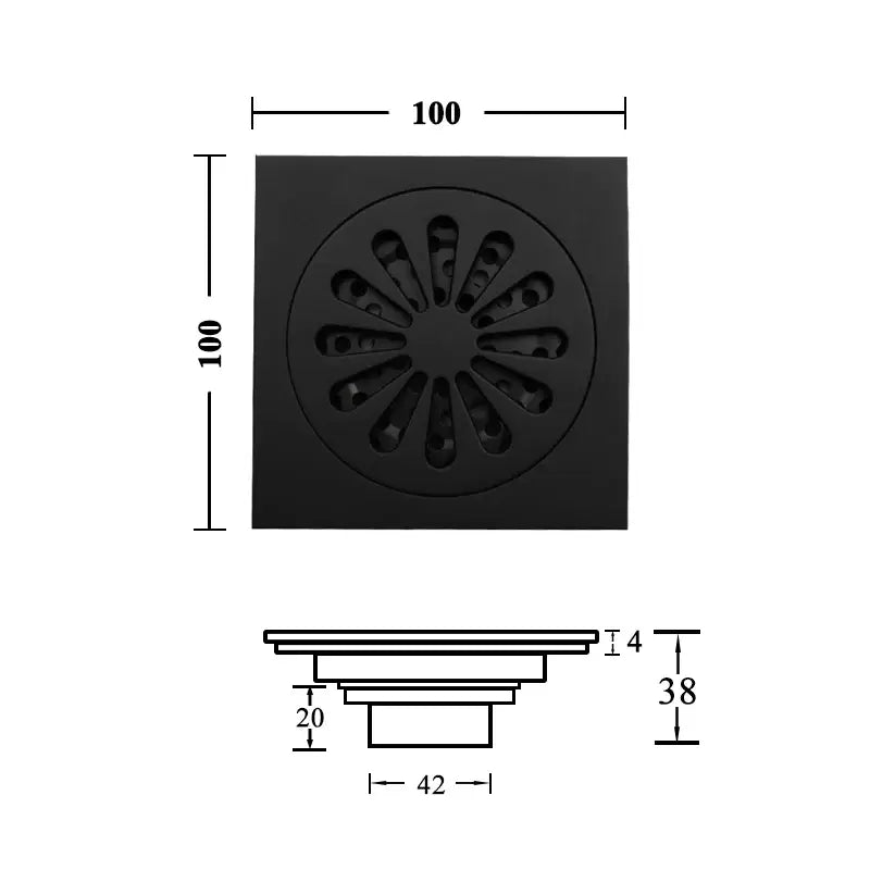 Black decorbites brass square shower floor drain with circular petal patterned grate and precise dimensional markings