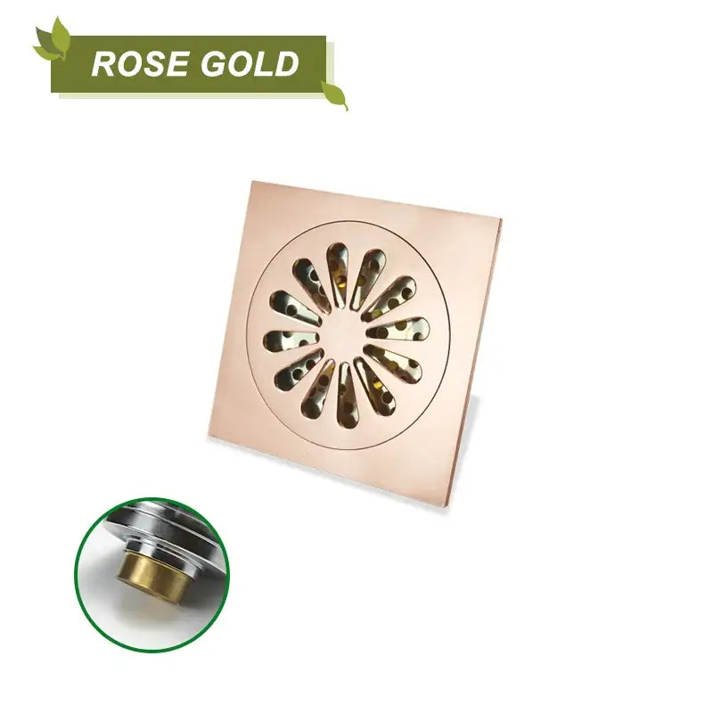 Rose gold decorbites brass square floor drain with circular petal grille for sunburst brass square shower use