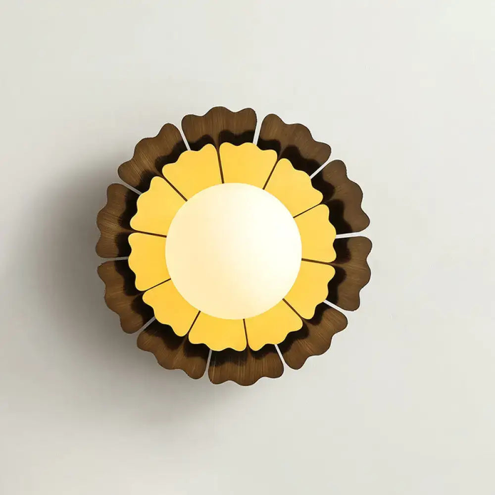 Sunflower yellow and wood wall sconce with matte white glass ball and layered petal shades for bedroom lighting