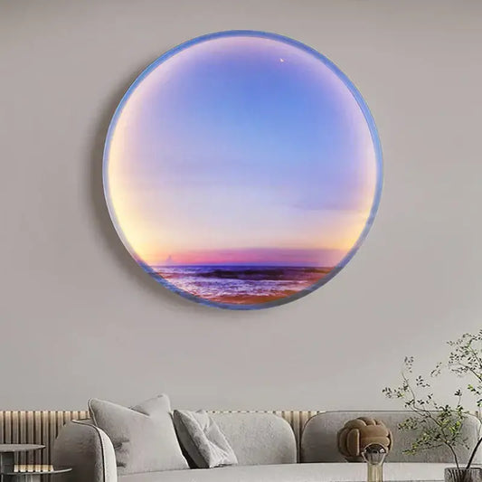 Circular ring wall lamp with sky blue frame featuring serene sunset ocean art for bedroom decor