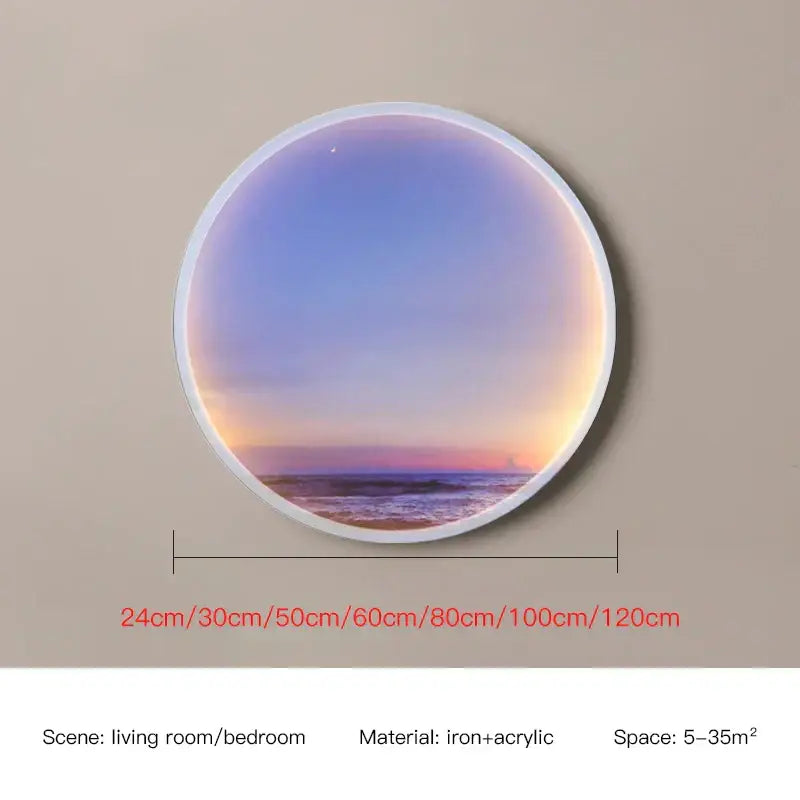 Circular ring wall lamp with sky blue acrylic panel featuring a soft gradient sunset over ocean for bedroom use