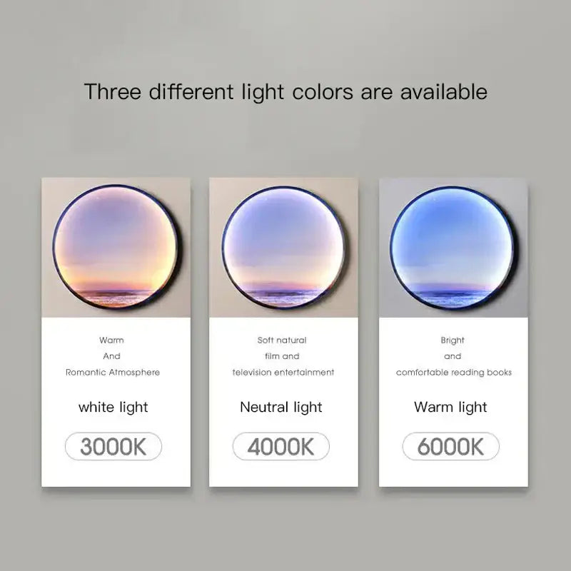 Three circular light bulbs showcasing warm white 3000k, neutral 4000k, and bright warm 6000k for sunset ocean sky blue wall lamp circular ring
