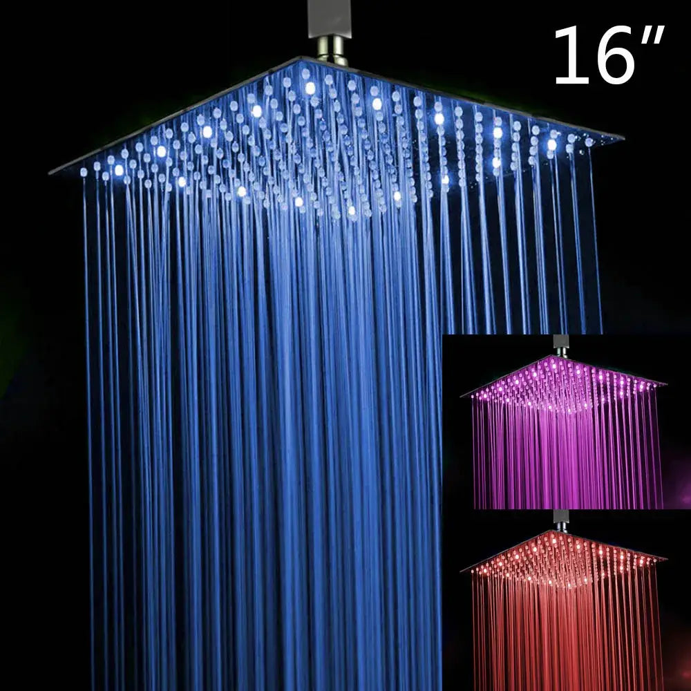 Super slim matte black 16-inch square led shower head with crystal-like droplets and multi-color lighting options