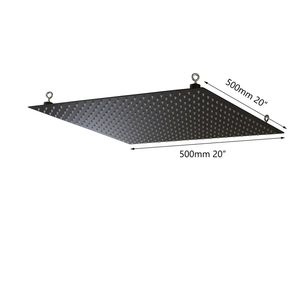 Black triangular led grow light panel with metal hanging rings shown with super slim matte black square rain shower head