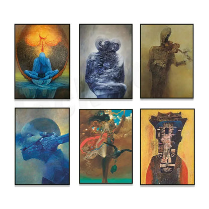 Set of six framed surreal gothic decorbites beksinski prints featuring abstract symbolic art in varied color palettes for living room wall decor