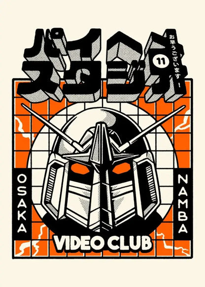 Decorbites™ takoyaki ramen canvas wall art featuring black and orange stylized gundam head with crossed swords