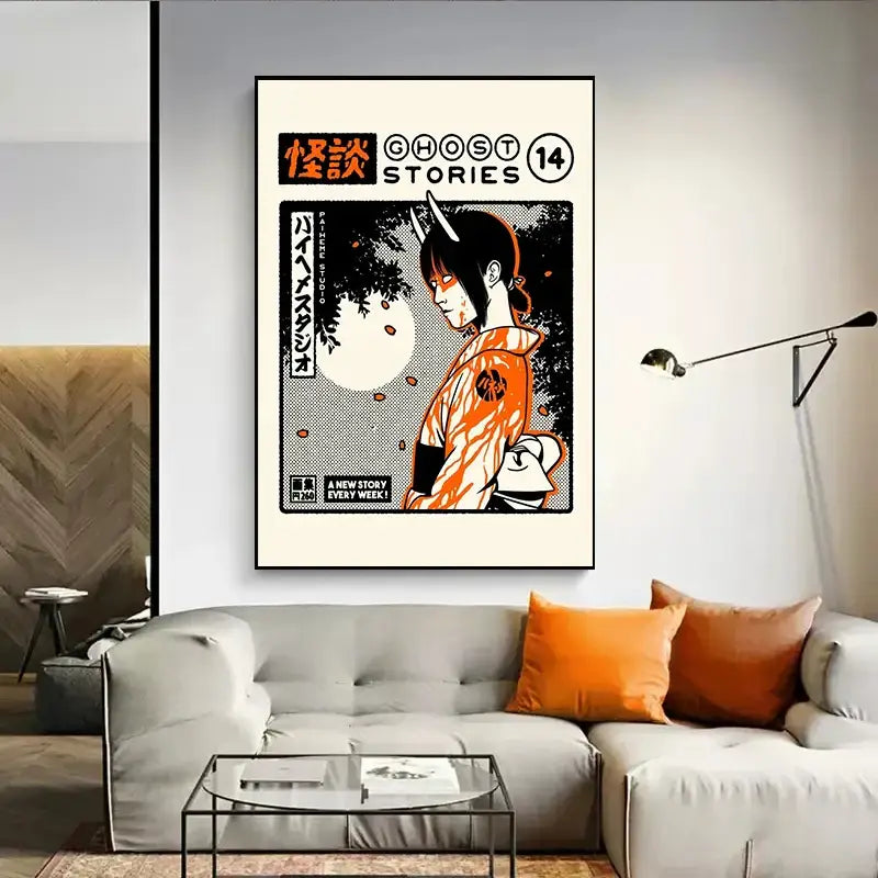 DecorBites™ takoyaki ramen canvas wall art featuring orange and black horned character on cream background