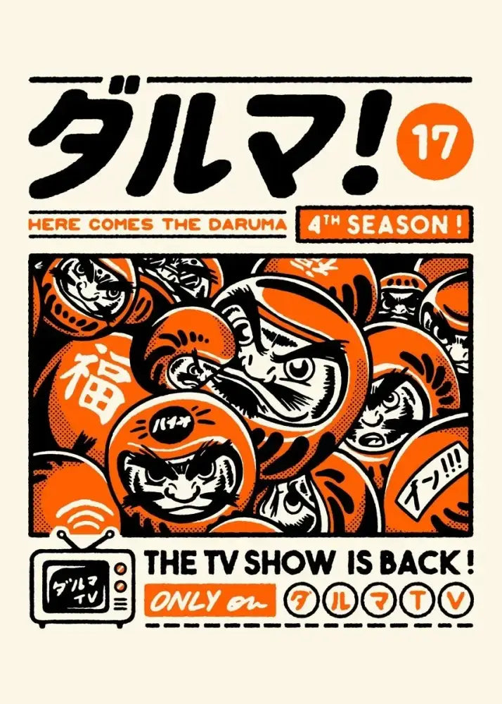 Orange and black daruma doll-themed canvas painting for japanese food lovers featured in decorbites takoyaki ramen wall art
