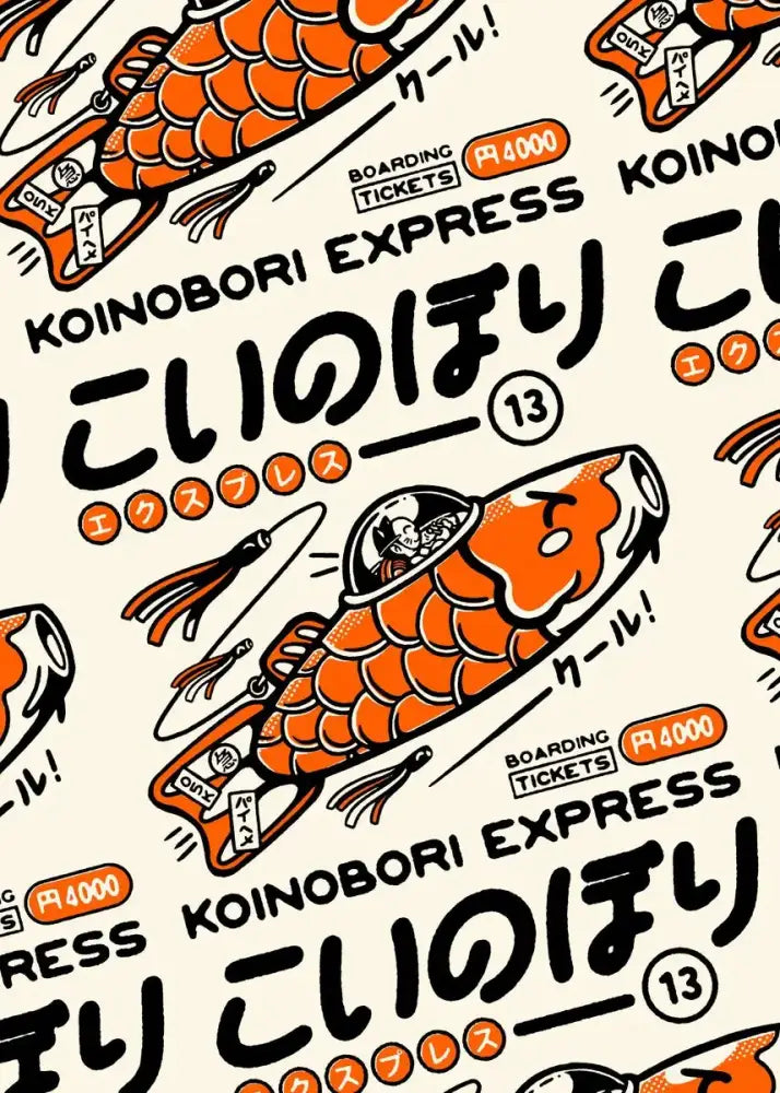 Decorbites™ takoyaki ramen canvas wall art featuring orange koi fish-shaped boarding tickets with black outlines and white text