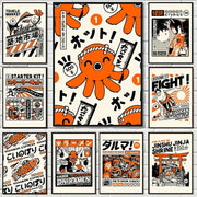 Decorbites takoyaki ramen canvas wall art featuring orange octopus japanese food design by paheme studio