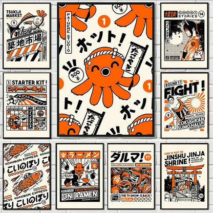Decorbites takoyaki ramen canvas wall art featuring orange octopus japanese food design by paheme studio