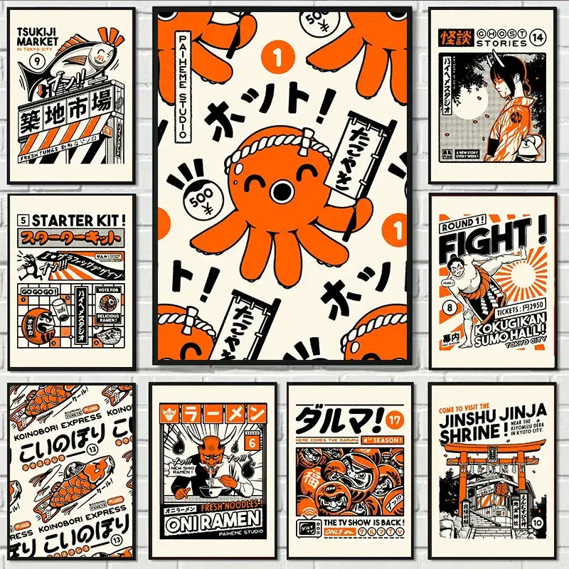 Decorbites takoyaki ramen canvas wall art featuring orange octopus japanese food design by paheme studio