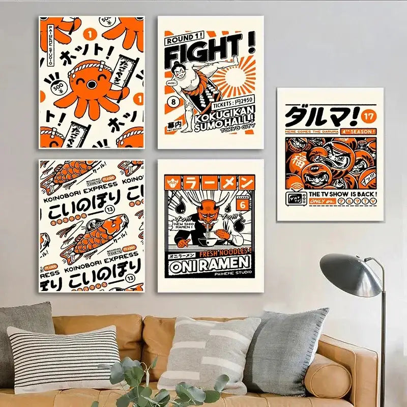 Set of five orange and black japanese-themed canvas wall art featuring sumo wrestlers ramen bowls and anime characters