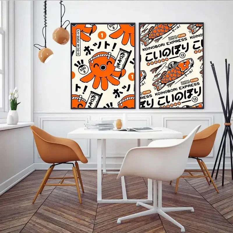 Two framed decorbites™ canvas paintings with vibrant orange and white japanese food wall art featuring octopuses and koi fish