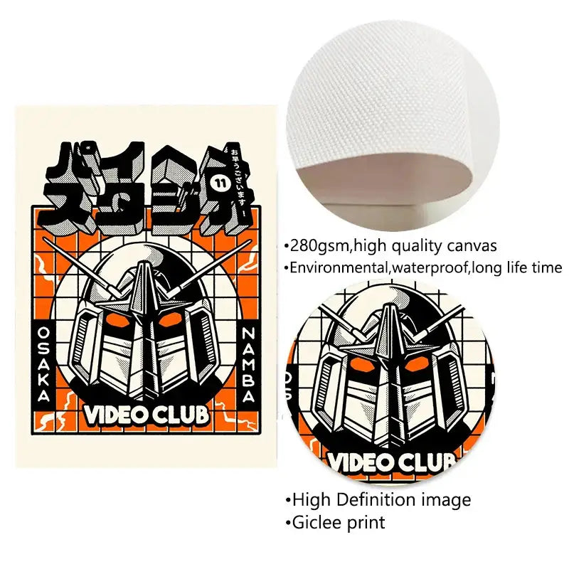 Decorbites™ takoyaki ramen canvas wall art features a vibrant orange and black gundam head printed on waterproof fabric