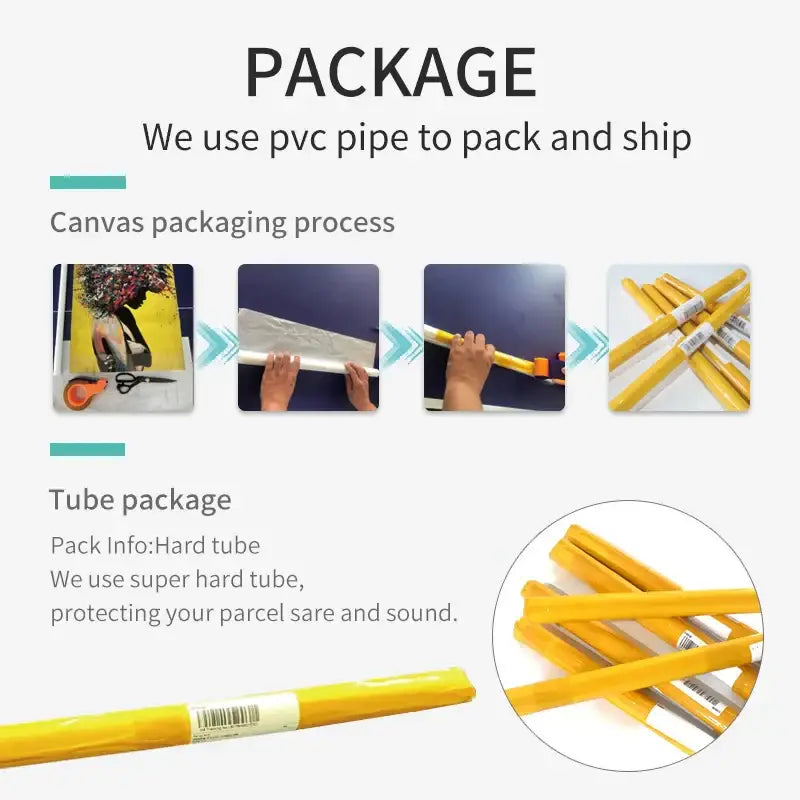 Yellow pvc pipe packaging tubes with white labels and barcode for decorbites takoyaki ramen canvas wall art decor