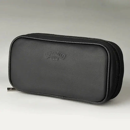 Black leather savinelli 1923 tobacco case with subtle embossed logo and stitched edges for cowhide leather pipe storage