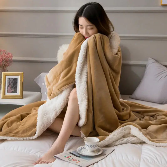 Tan and cream cozy lambswool flannel blanket with plush soft texture ideal for bedroom fleece decorbites cozy lambswool