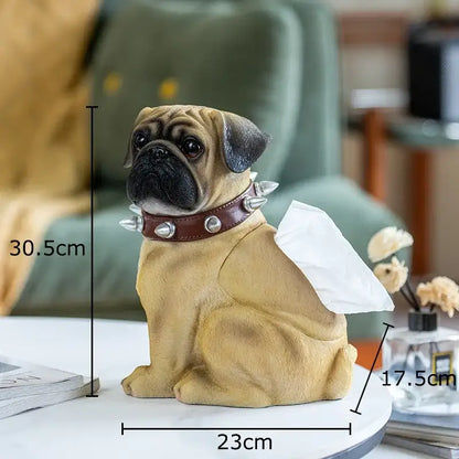 Tan faux leather studded pug tissue box with black muzzle and silver spiked collar for decorbites bulldog tissue decor