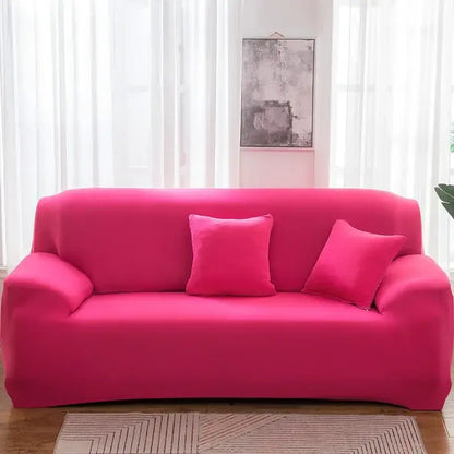 Bright pink stretchy silk sofa cover with matching pillows for living room accent chairs and sofas