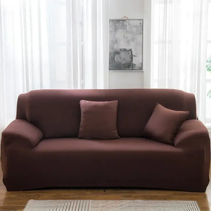 Brown stretchy silk sofa cover with matching pillows for living room and accent chairs protection and style