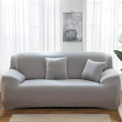 Light gray stretchy silk sofa cover with two matching pillows for living room and accent chairs