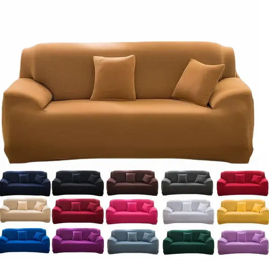 Tan stretchy silk sofa cover with matching pillows in living room setting for sofas and accent chairs