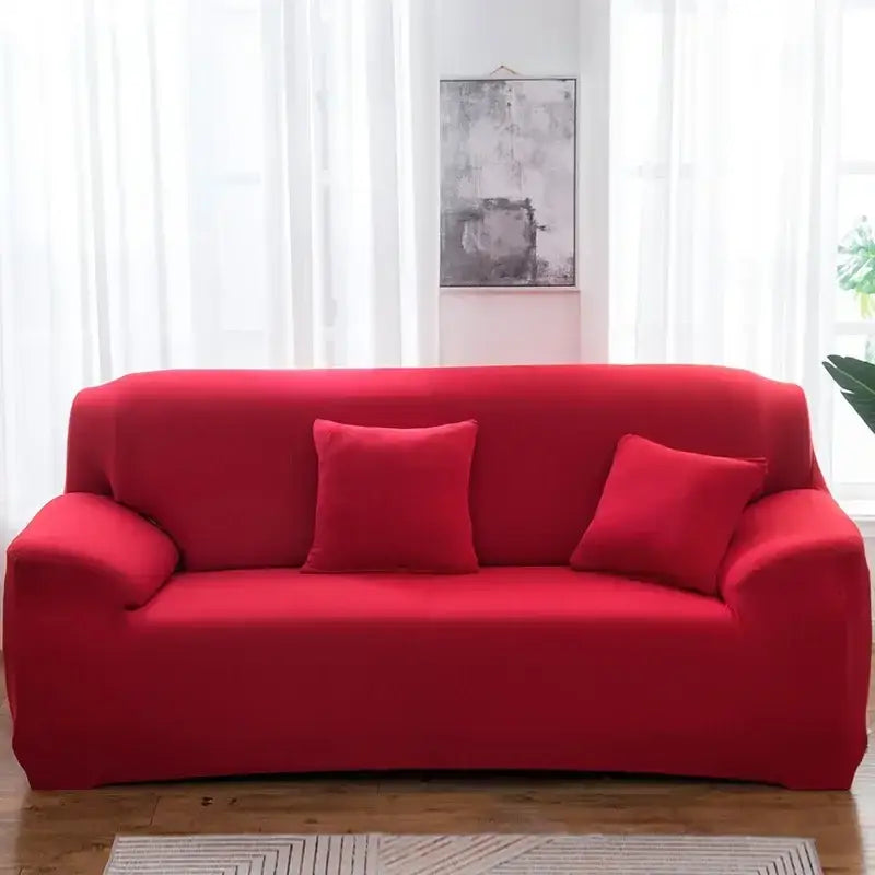 Vibrant red stretchy silk sofa cover with matching square pillows for living room accent chairs and sofa protection