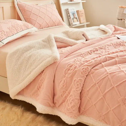 Pink plush throw blanket with rose embroidery and white fleece border paired with taupe and white decorbites butterfly jacquard wool blanket