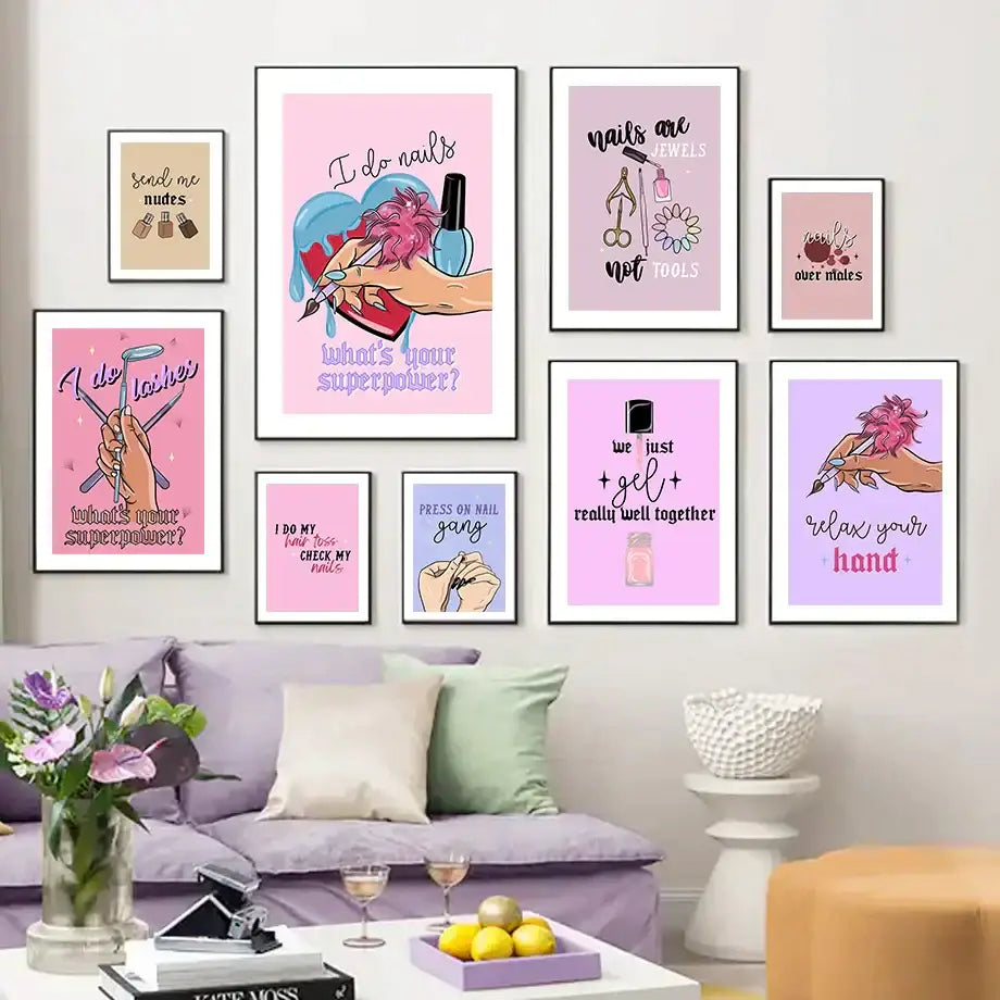 Teal and gold beauty salon wall art set featuring framed pink and purple nail art posters for salon wall decor