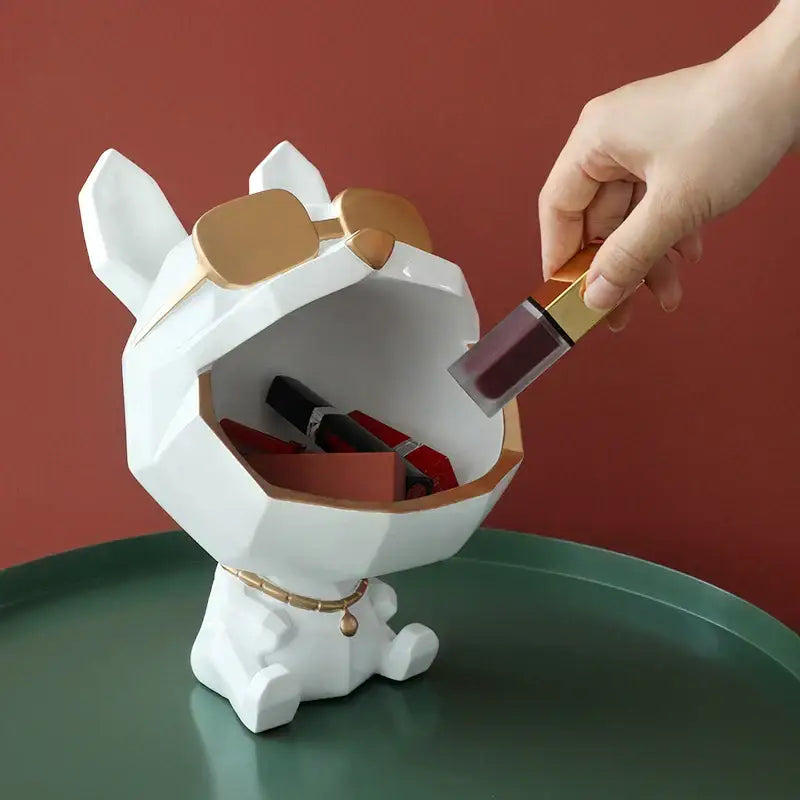 White ceramic big mouth dog storage box with gold sunglasses and collar for cosmetics by decorbites big mouth