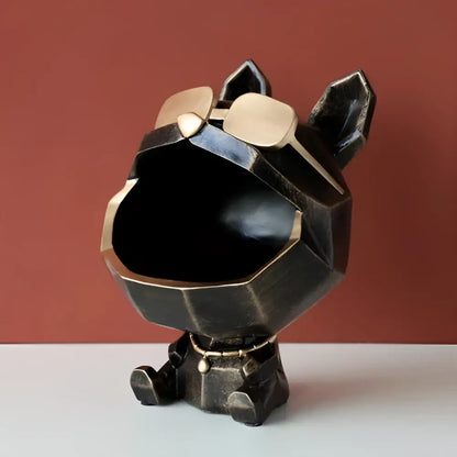 Bronze-colored geometrically styled french bulldog big mouth dog figurine with gold-tone goggles for decorbites big mouth storage