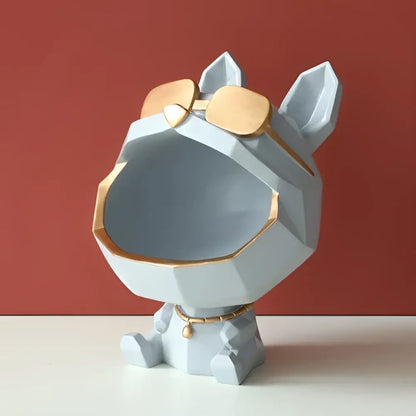 A sleek light gray geometric big mouth dog figurine with gold sunglasses and collar for decorbites big mouth storage
