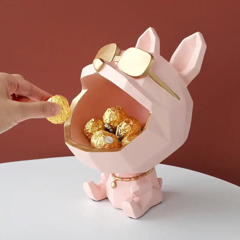 Pink geometric big mouth dog candy holder with gold-tone sunglasses and collar for decorbites big mouth storage
