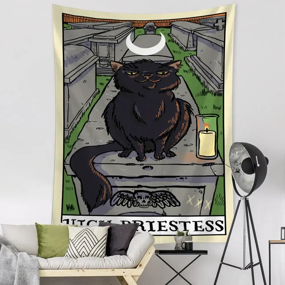 Teal and gold black cat tarot tapestry with crescent moon and high priestess text on fabric for bedroom wall decorbites black cat