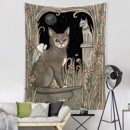 Teal and gold black cat tarot tapestry featuring a gray winged cat with pink flowers for decorbites black cat decor