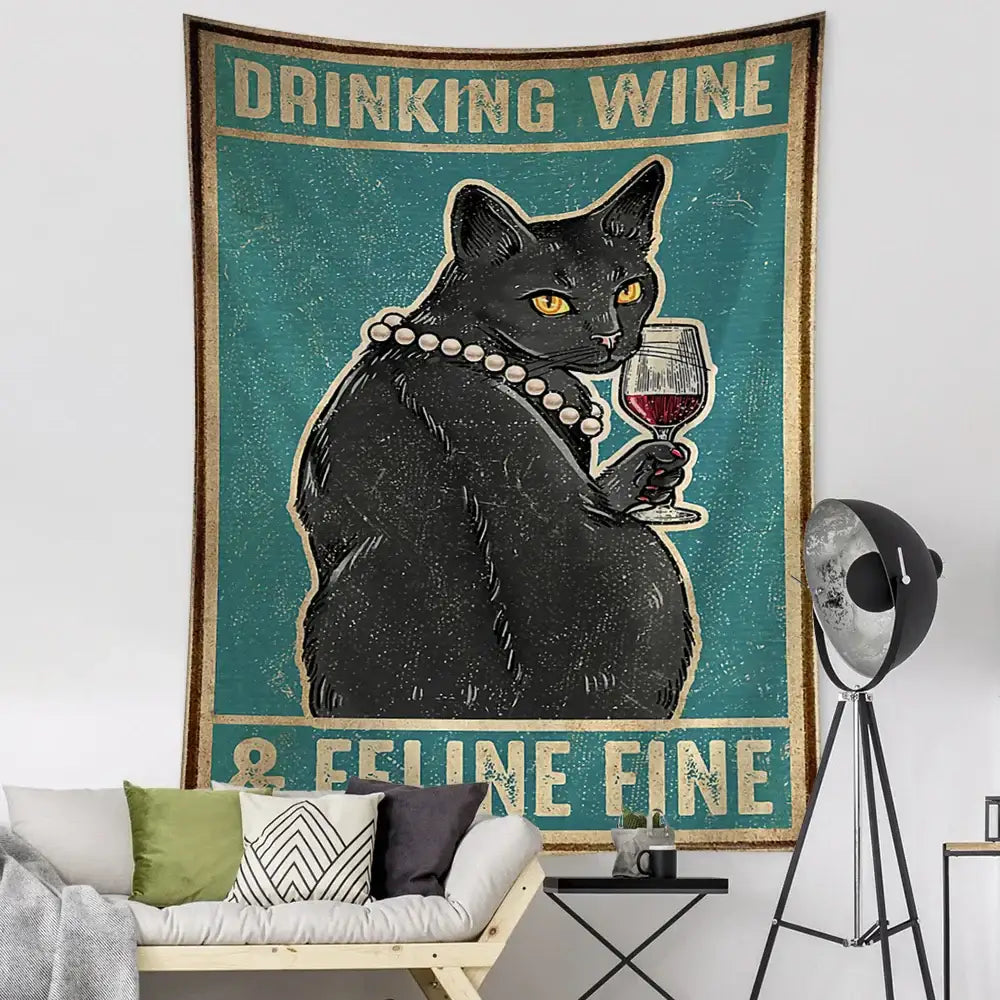 Teal and gold black cat tarot tapestry featuring a black cat with yellow eyes holding a wine glass for bedroom decorbites black cat wall decor