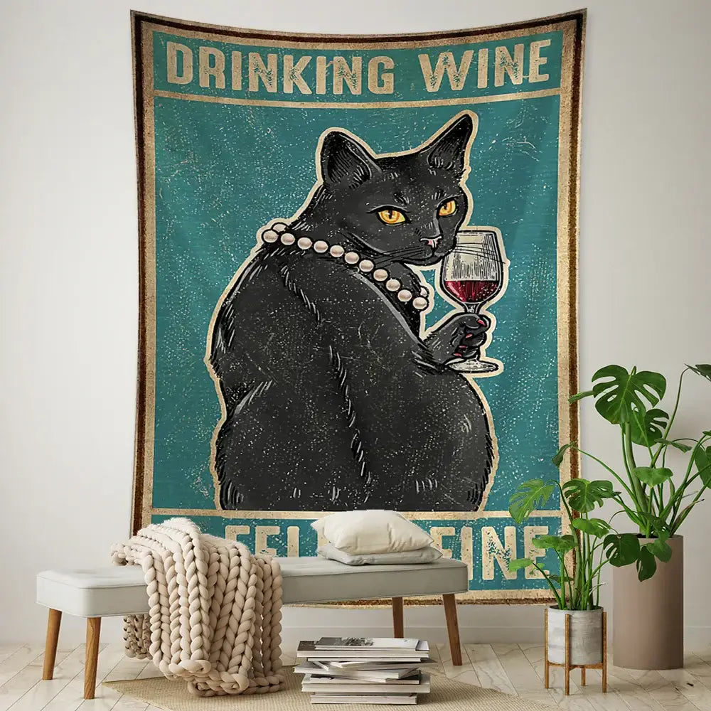 Teal and gold framed black cat tarot tapestry with pearl necklace and wine glass for bedroom wall decorbites black cat