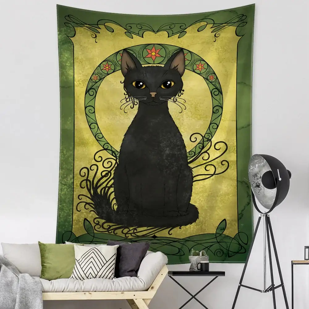 Teal and gold black cat tarot tapestry featuring a black cat with golden eyes for decorbites black cat wall decor