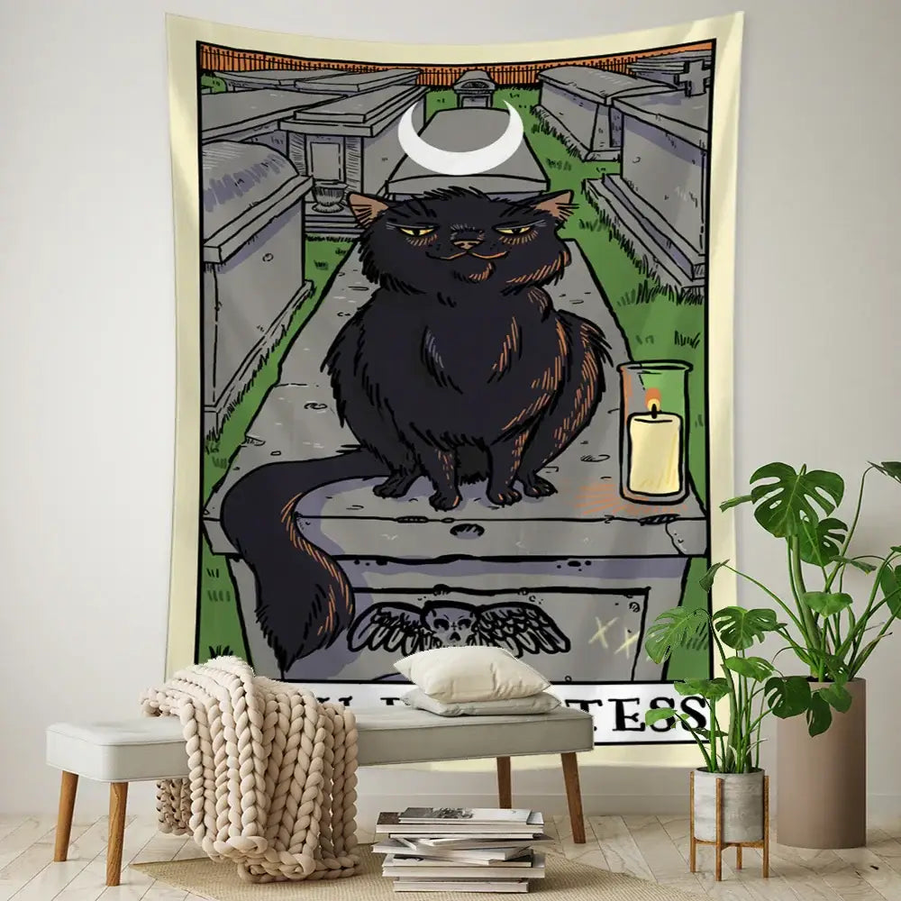 Teal and gold black cat tarot tapestry bedroom wall decor featuring black illustrated fluffy cat on tombstone under moon