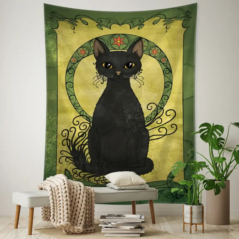 Teal and gold black cat tarot tapestry with intricate art nouveau green and gold framing for bedroom wall decorbites black cat