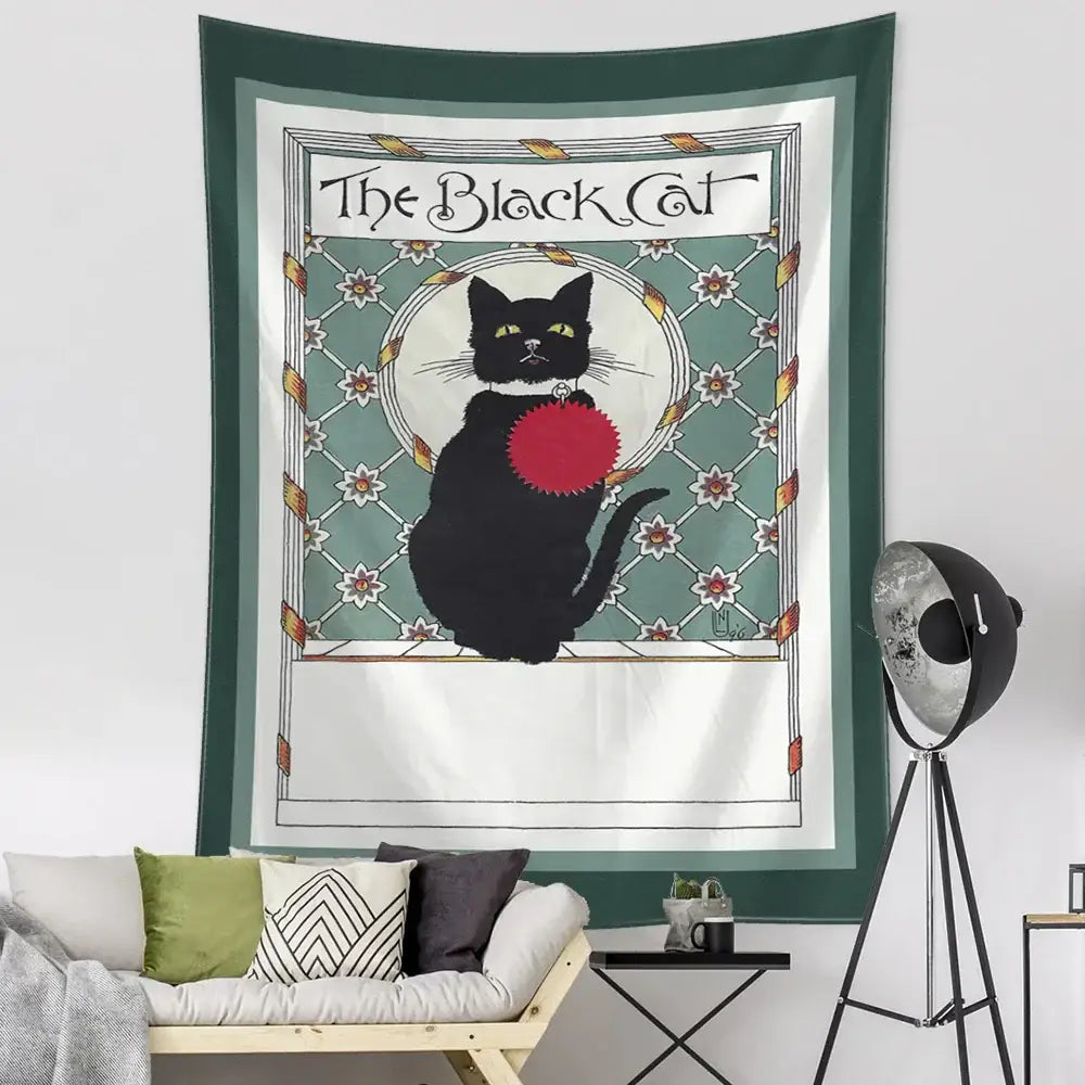 Teal and gold black cat tarot tapestry with red circular design and ornate green white border for bedroom decorbites black cat decor